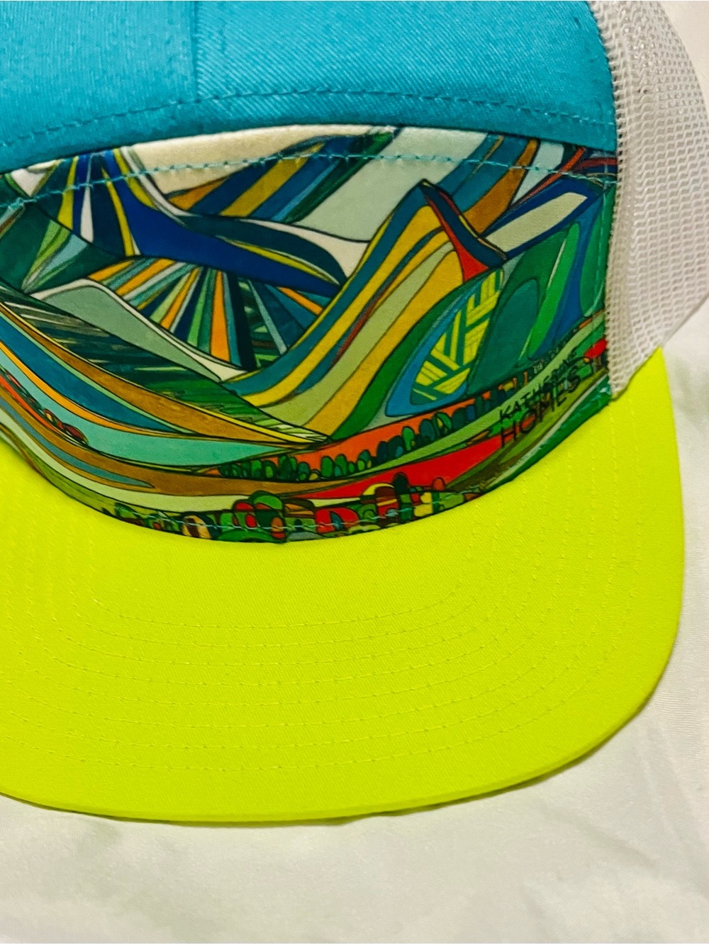 Katherine Holmes Colorful Art Trucker Hat - Neon Yellow & Teal